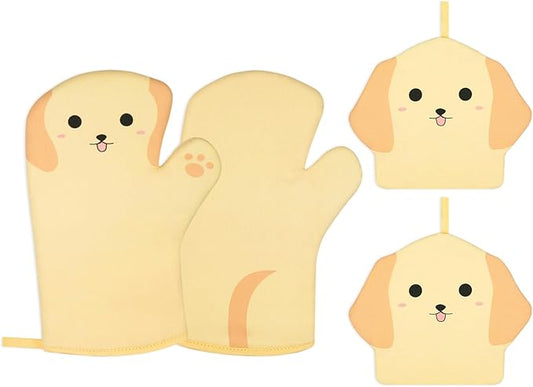 Oven Mitts and Pot Holders 4 Pcs Set,Cute Dog Oven Mitts and Potholder, Heat Resistant Long Kitchen Cotton Oven Glove for Cooking Baking,Gifts for Dog Lovers(Yellow)