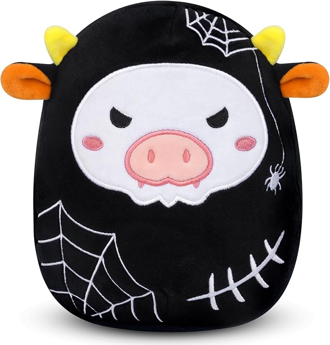 Cow Plush, Cute Cow Stuffed Animal, 7.5Inch Black Cow Plushie with Spider Web, Soft Cow Plush Pillow Toys, Great Birthday for Kids Home Decoration