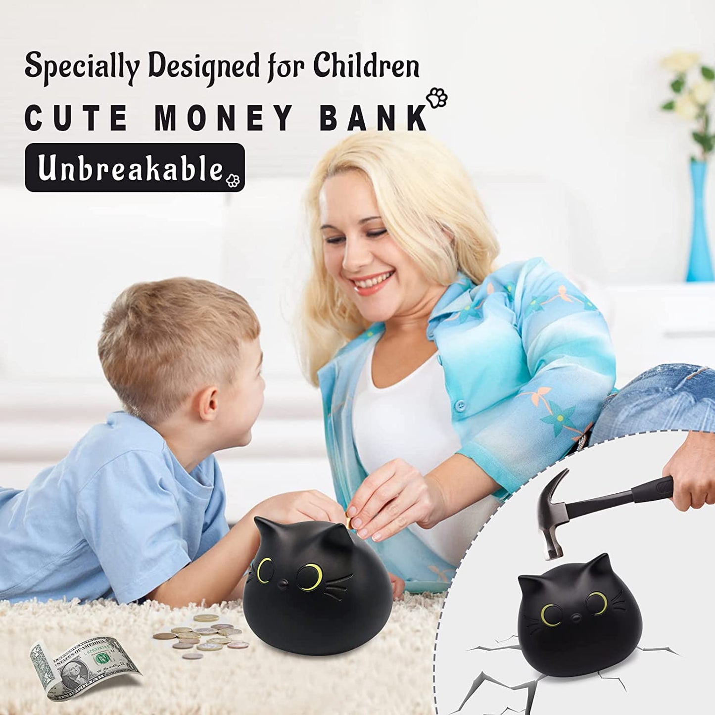 White Cow Bank Money, ATM Bank Electronic Coin Money Bank, Cute Coin Money Box Saving Coins Cash Fun Gift for Kids (black)