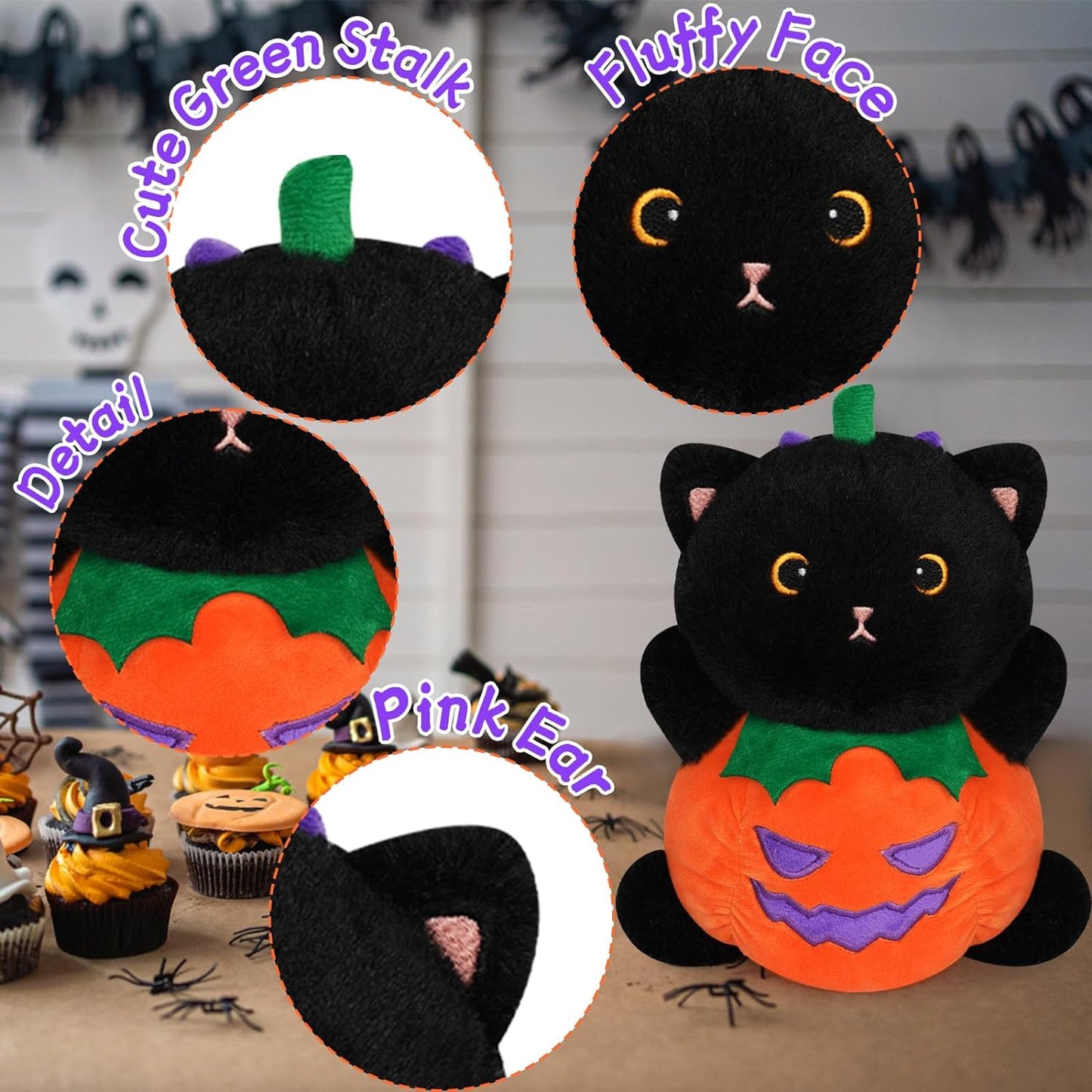 Black Cat Plush Halloween Pulsh, 8 inch Cute Pumpkin Pillow Halloween Stuffed Animals, Kawaii Black Cat Plush Pillow, Halloween Decoration Soft Cat Plush Toys for Kids