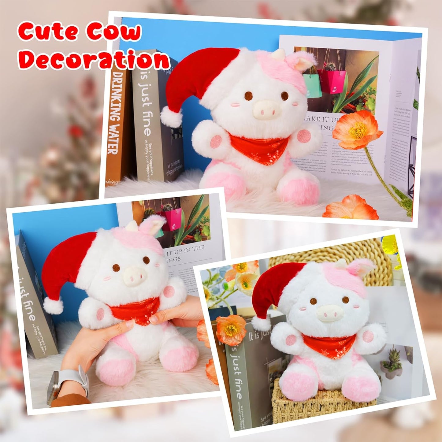 Cow Plush Christmas Cow Stuffed Animal Toy, Soft Cow Plushie Pillow, Cute Pink Cow Stuffed Doll Toy for Kids Boys Girls Kawaii Christmas Decoration (Cow)