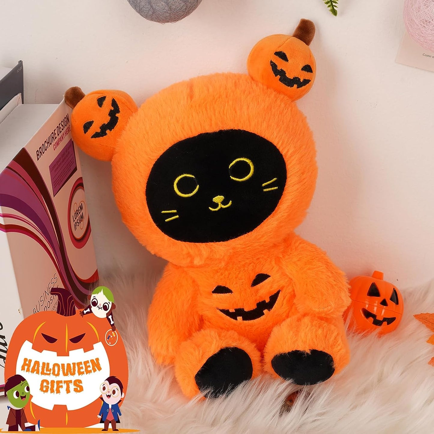 Pumpkin Plush Cat Stuffed Animals, Halloween Black Cat Plushie Cat Plush Pillows, Kawaii Creative Soft Stuffed Cat Toy Halloween Plush Gifts Decorations for Kids Girls Boys