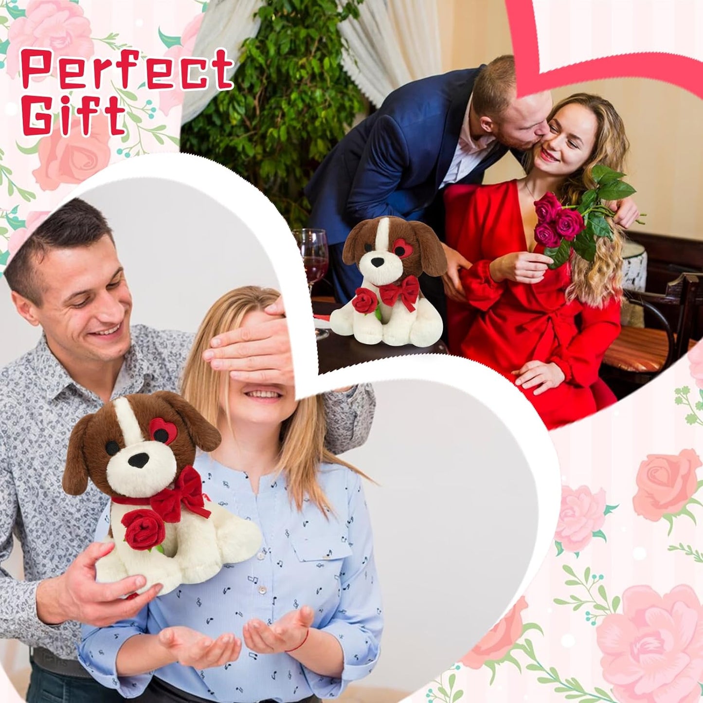 Dog Stuffed Animal, 9inch Beagle Dog Plush with Red Rose for Valentine Day, Cute Valentines Dog Stuffed Animal Beagle Plush, Christmas Valentines Plush for Girlfriend,Lover,Kids