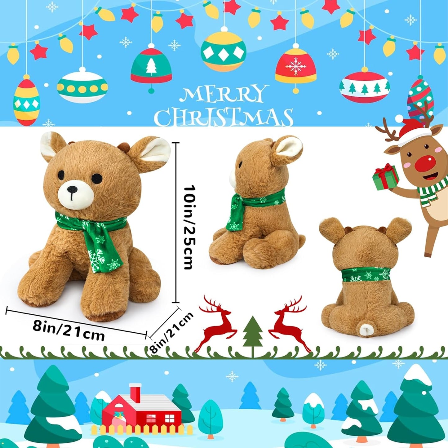 Christmas Reindeer Plush, 10inch Cute Deer Plush, Christmas Stuffed Reindeer Plush Toy with Green Scarf, Christmas Plush Toys for Kids Christmas Decor Animals