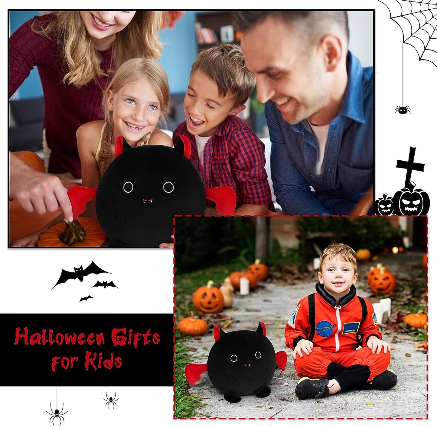 Juguete de peluche de murciélago, lindo peluche de murciélago, felpa de murciélago de Halloween, almohada de muñeca de murciélago negro suave para Halloween