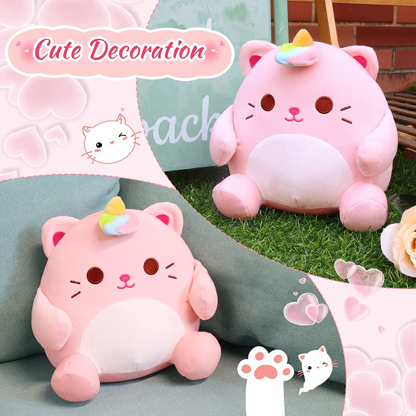 Cat Plush Toy Cat Stuffed Animals, Cute Pink Cat Plushies for Girls, Kawaii Soft Cat Plush Pillow Stuffed Cat Plush Toys for Kids Birthday Christmas Home Decor