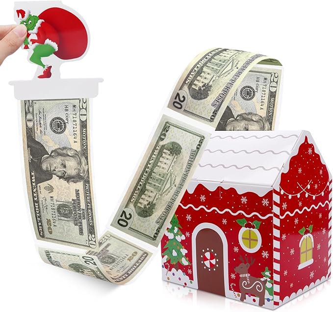 Prewplam Christmas Money Box for Cash Pull, Christmas Money Pull Box with Santa Grinch Card and 40 Pcs Transparent Bags, Pull Out Surprise Money Box for Kids Adults, Christmas Gifts