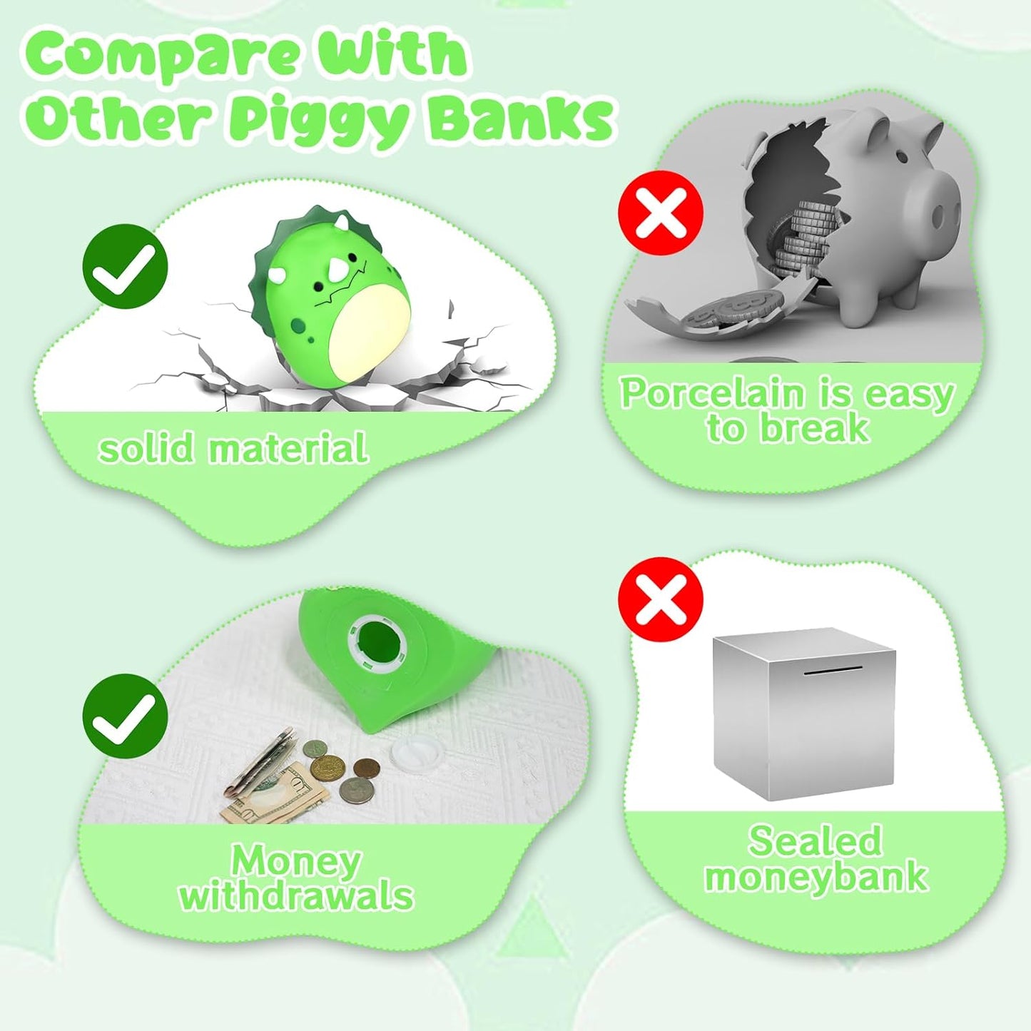 Dinosaur Piggy Bank Girls - Triceratops Piggy Bank for Kids, 7in Green Unbreakable Piggy Bank for Boys & Adults, Cute Coin Bank Gift for Kids Christmas Birthday