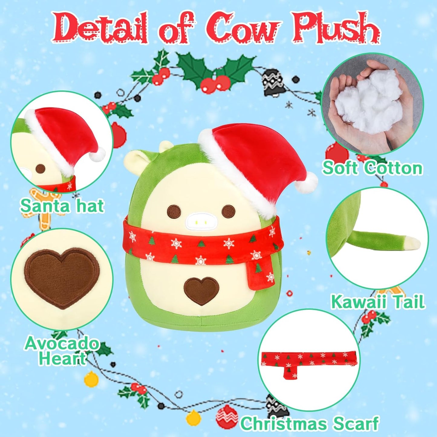 Avocado Cow Stuffed Animals,8in Avocado Cow Plush, Kawaii Stuffed Animal Cow Plush Doll, Cute Cow Plush for Boys Girls Adult, Gift for Birthday,Halloween,Christmas