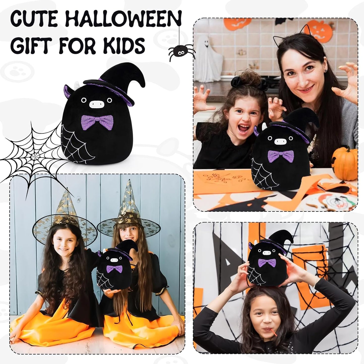 Cow Plush Halloween Witch Plush Pillow Cow Stuffed Animal Toy, Cute Black Witch Cow Plushie Pillow, Soft Plushie Stuff Doll for Kids Kawaii Halloween Decoraition