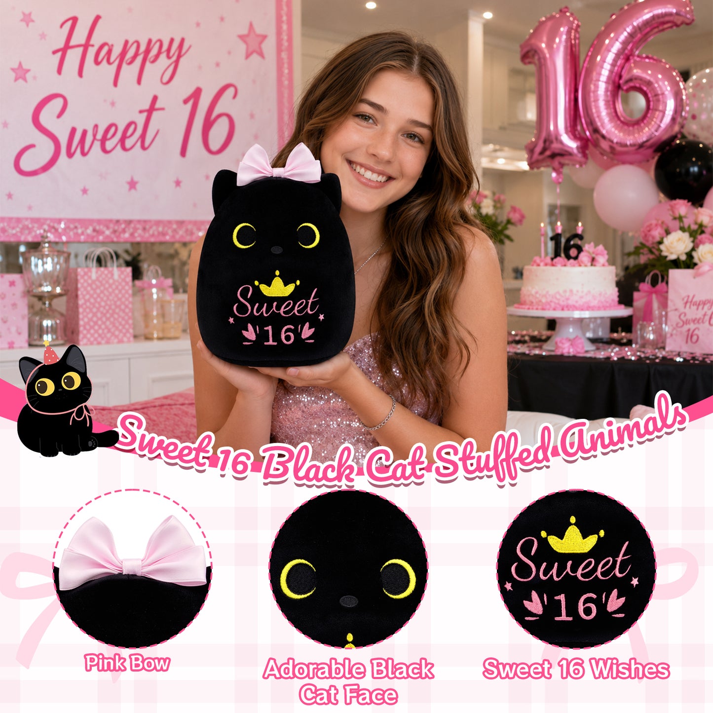 Sweet 16 Gifts for Girls, 16 Year Old Girl Gifts, 7PCS Sweet 16 Gifts with Black Cat Plush, Tumbler, Keychain, Makeup Bag, 16th Birthday Gifts for Girls, 16th Birthday Decorations