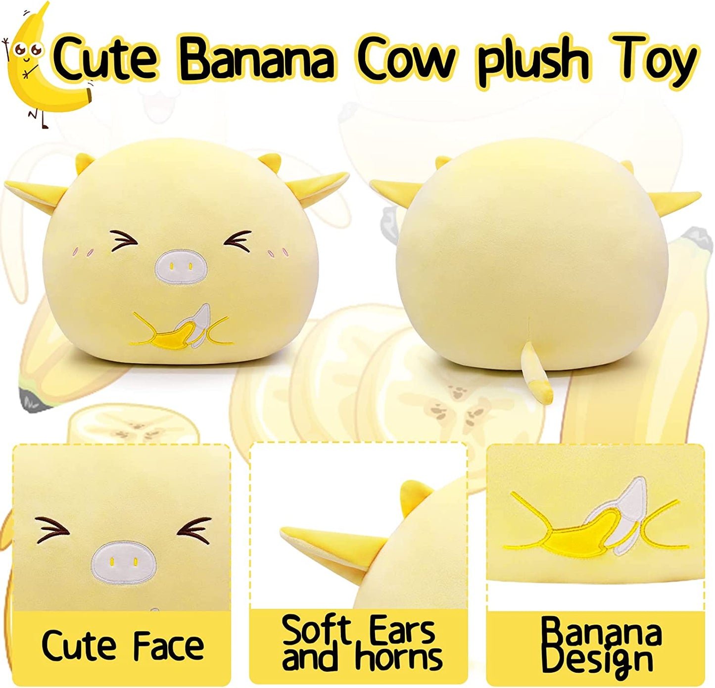 Cow Plush Pillow Cow Stuffed Animals, Cute Stuffed Animal Cow Plushie, Soft Banana Plush Cow Pillow, Kawaii Stuffed Cow Hugging Pillow for Kids Girls Boys Birthday