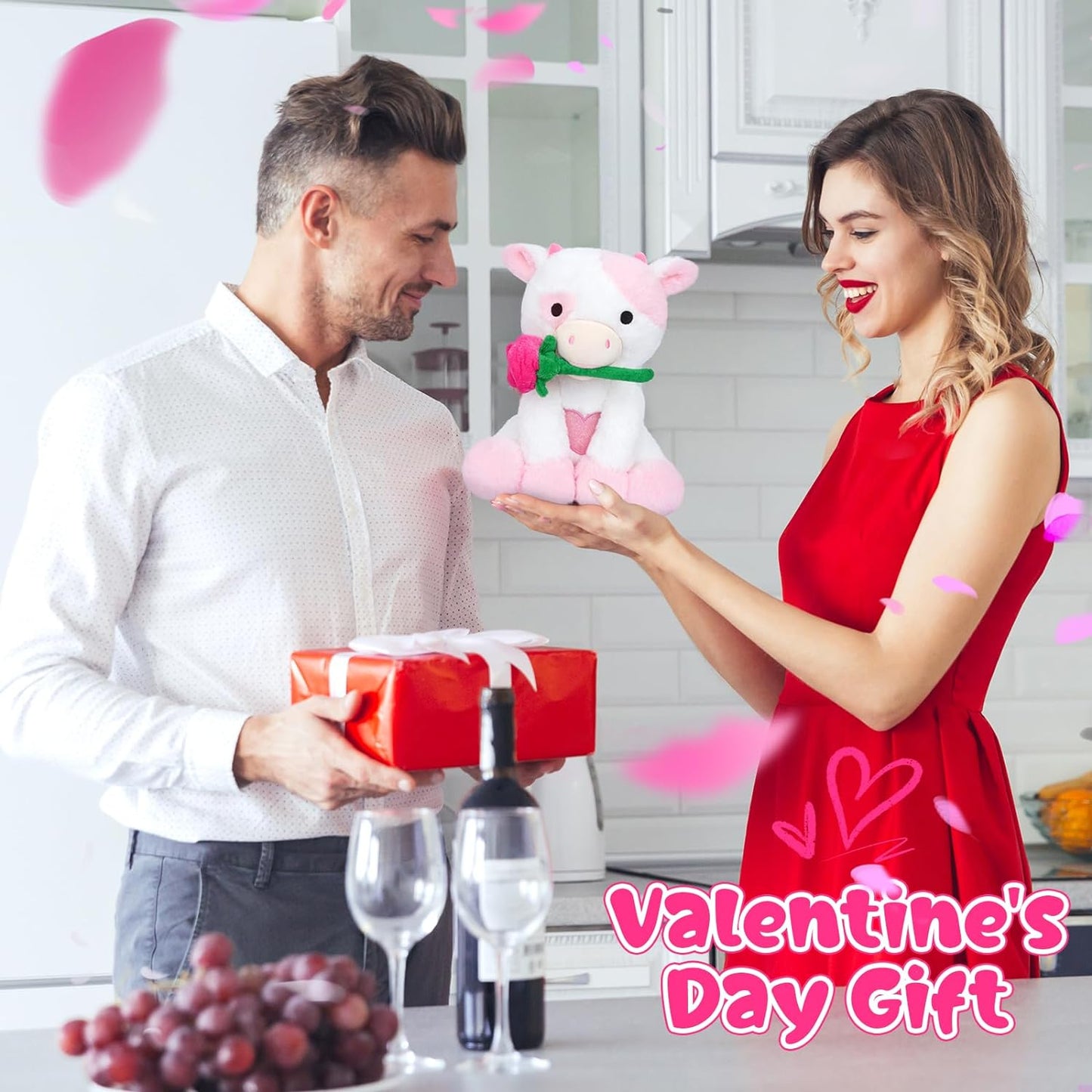 Cute Cow Plush Pillow Toy Valentine's Day Plush Cow, Valentine's Cow Stuffed Animal Doll, Valentine's Day Gift for Girlfriends (Pink Cow)