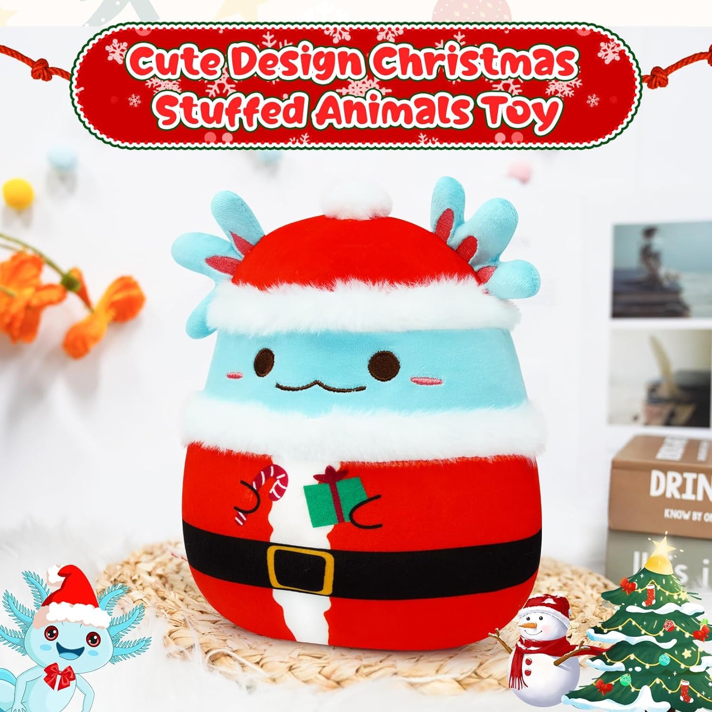 Axolotl Plush Toy, 8-Inch Axolotl Stuffed Animal Christmas Plush Axolotl Pillow, Soft Christmas Stuffed Animals Axolotl Gifts for Kids Adults Birthday Christmas