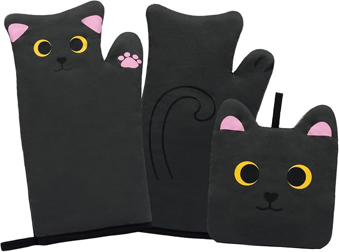 Oven Mitts,Cute Cat Design Cooking Glove,Quilted Cotton Lining,Heat Resistant Oven Mitts and Pot Holders Sets for Baking,Microwave,Cute Oven Mitts Gift for Mom,Housewarming(Black)