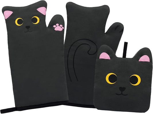 Oven Mitts,Cute Cat Design Cooking Glove,Quilted Cotton Lining,Heat Resistant Oven Mitts and Pot Holders Sets for Baking,Microwave,Cute Oven Mitts Gift for Mom,Housewarming(Black)