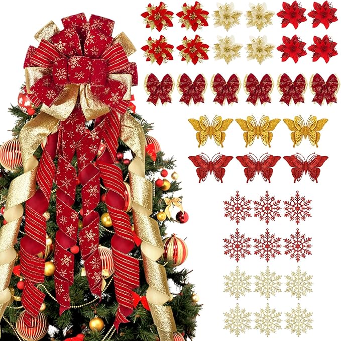 Christmas Tree Topper Bow Set, 37PCS Red and Gold Christmas Decorations with Poinsettias Flowers Snowflake Butterflies, 55 X 14inch Large Christmas Bow Set for Indoor Xmas Party Decoration