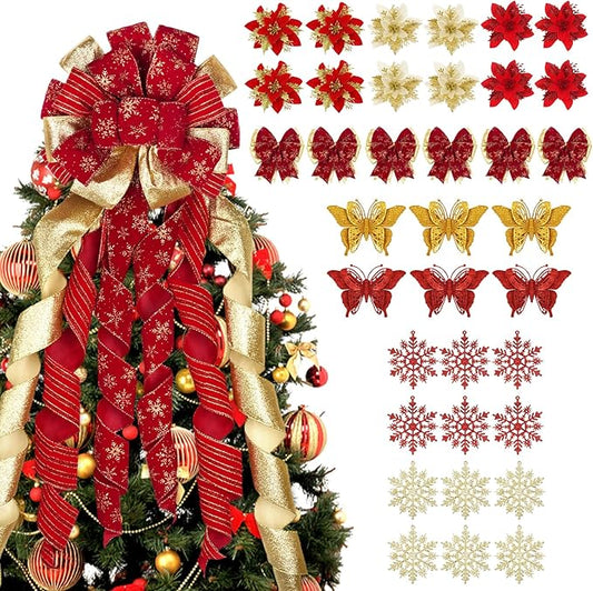 Christmas Tree Topper Bow Set, 37PCS Red and Gold Christmas Decorations with Poinsettias Flowers Snowflake Butterflies, 55 X 14inch Large Christmas Bow Set for Indoor Xmas Party Decoration
