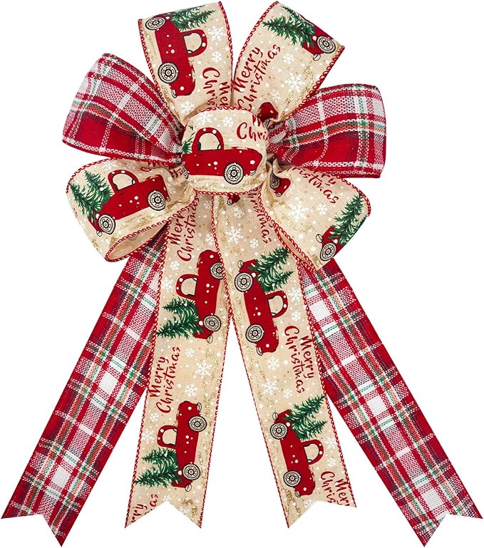 Large Christmas Bows for Wreaths, Christmas Bows for Tree Topper Red Truck Buffalo Plaid Bow, Merry Christmas Wreaths Bow for Door Outside Home Decoration Ornament Supplies