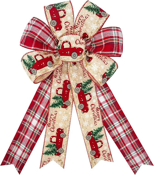 Large Christmas Bows for Wreaths, Christmas Bows for Tree Topper Red Truck Buffalo Plaid Bow, Merry Christmas Wreaths Bow for Door Outside Home Decoration Ornament Supplies