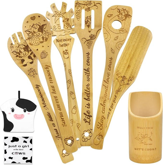 9Pcs Wooden Spoons for Cooking, Mothers Day Gift for Mom Wooden Kitchen Utensil Set with Aprons & Kitchen Towels, Bamboo Cooking Utensils Set Great Christmas Birthday Gift for Women Her (Cow)