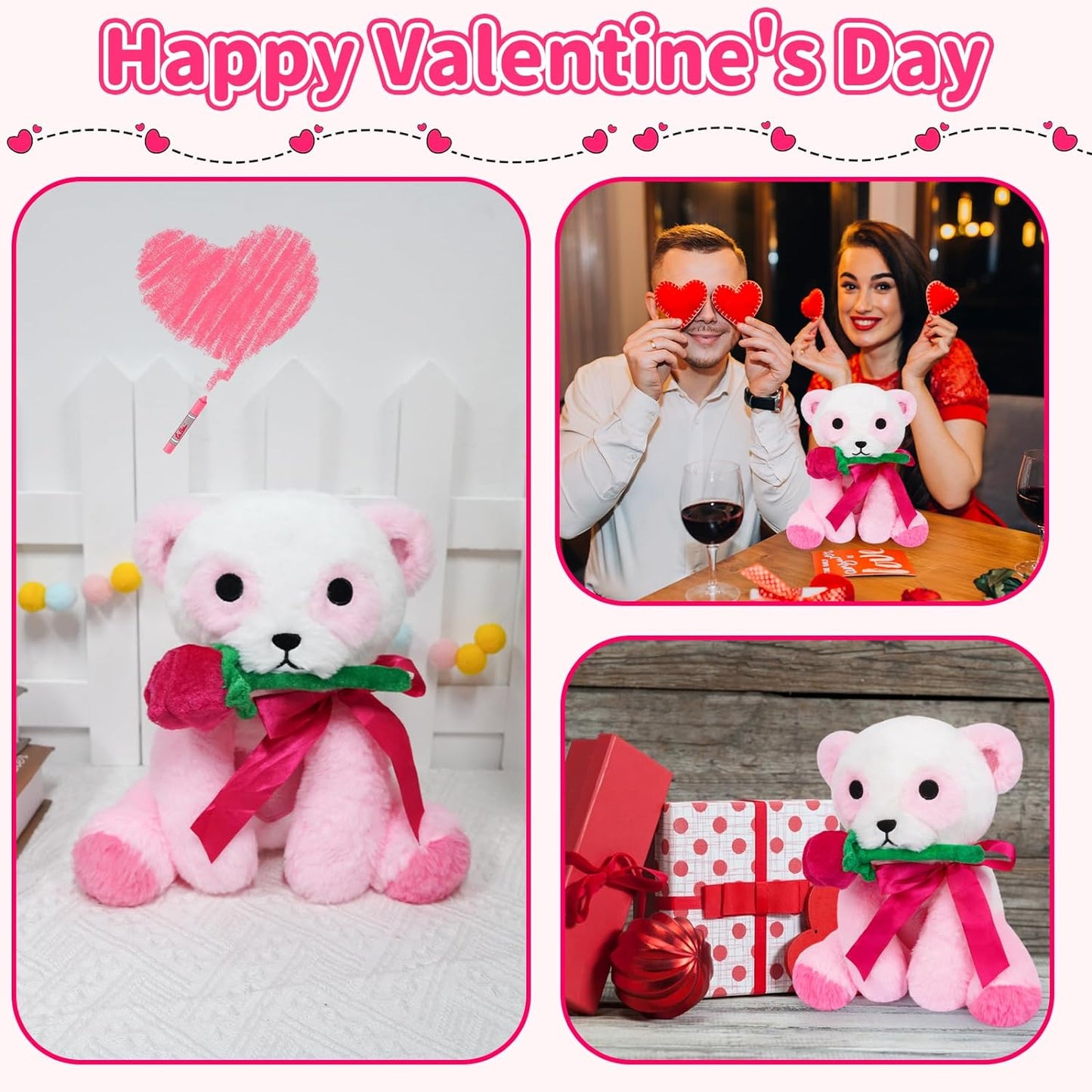 Panda Stuffed Animal, Valentine's Day Panda Plush Toy, Kawaii Valentine's Day Plush Stuffed Panda Animal Doll, Cute Plush Valentine's Day Gift for Kids Girl Boyfriends