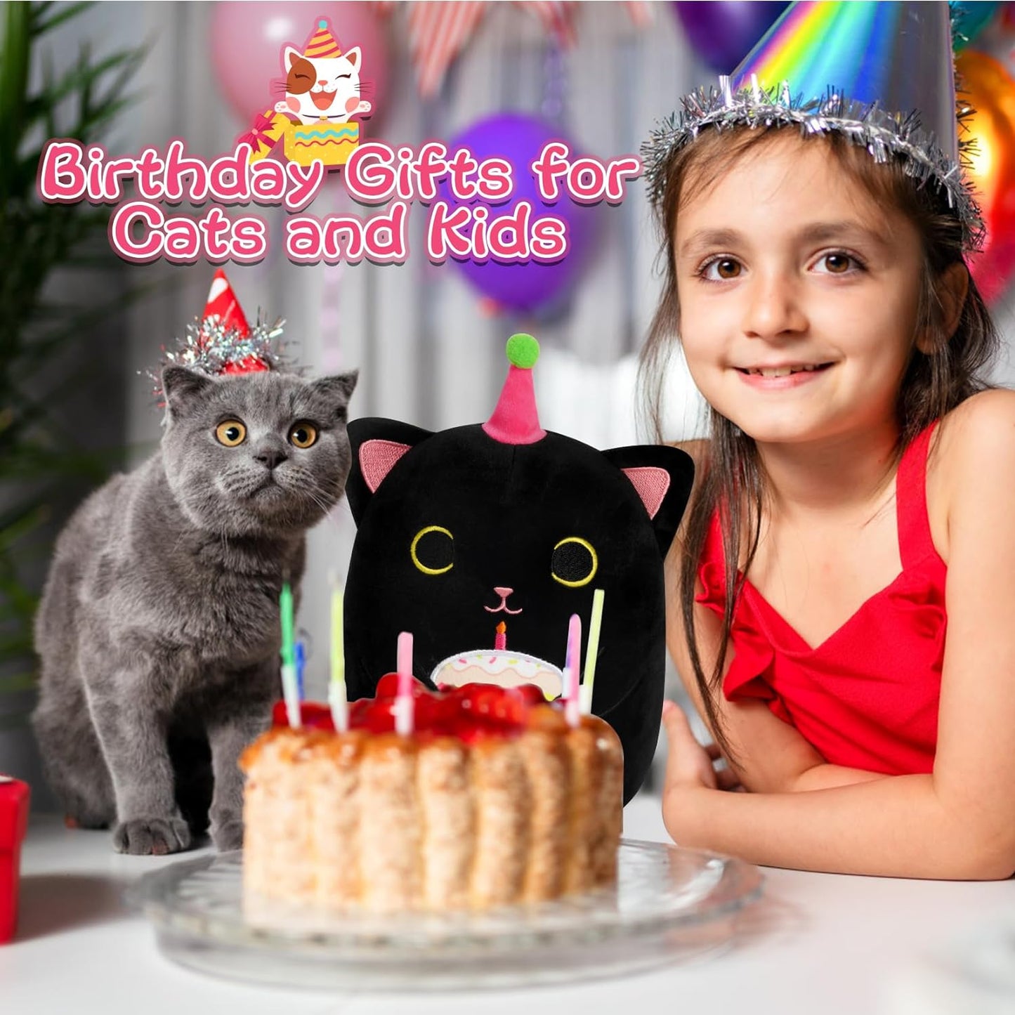 Black Cat Plush, 8 inch Birthday Cat Stuffed Animal Happy Birthday Plush Cute Cat Plush Pillow with Cake, Kawaii Cat Plushie Birthday Plush for Girls, Boys and Cats
