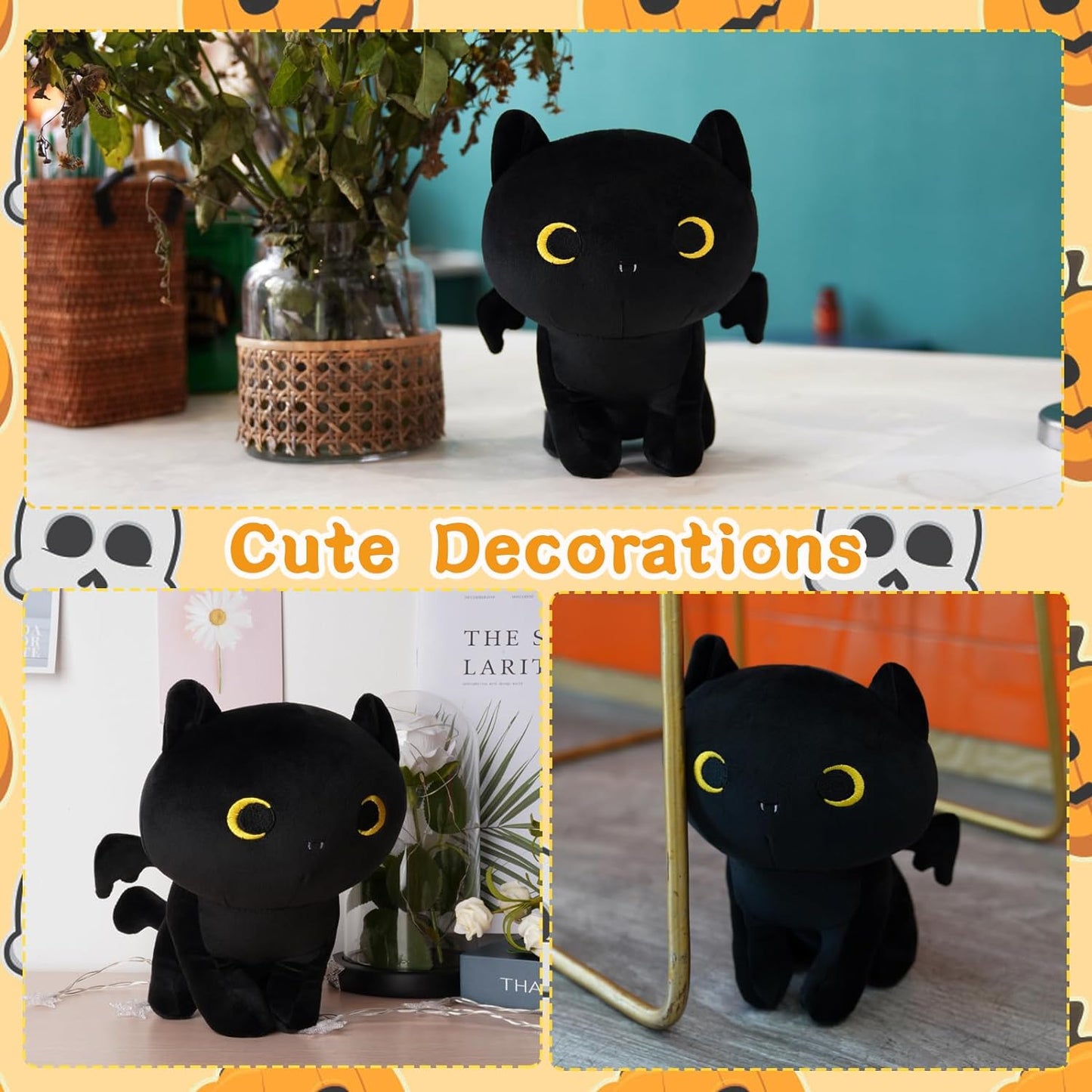 Black Cat Plush Toy with Bat Wings, Cute Black Bat Plush Cat Stuffed Animals Bat Cat Plushies, Creative Kawaii Stuffed Cat Plush Doll Toys Decorations