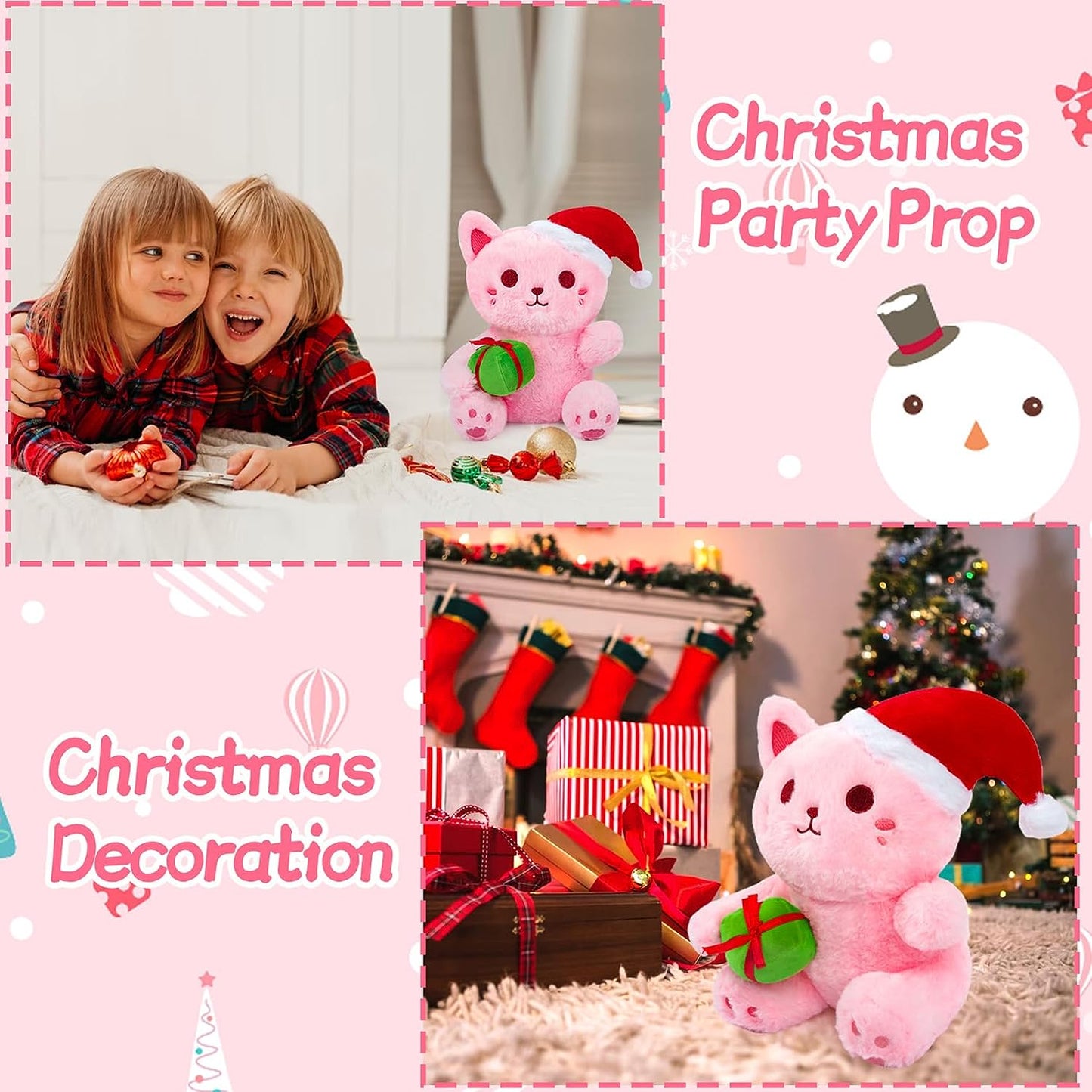 Juguete de peluche de gato rosa de peluche, suave almohada de peluche de gato de Navidad, lindo juguete de peluche para niños y niñas, decoración navideña kawaii