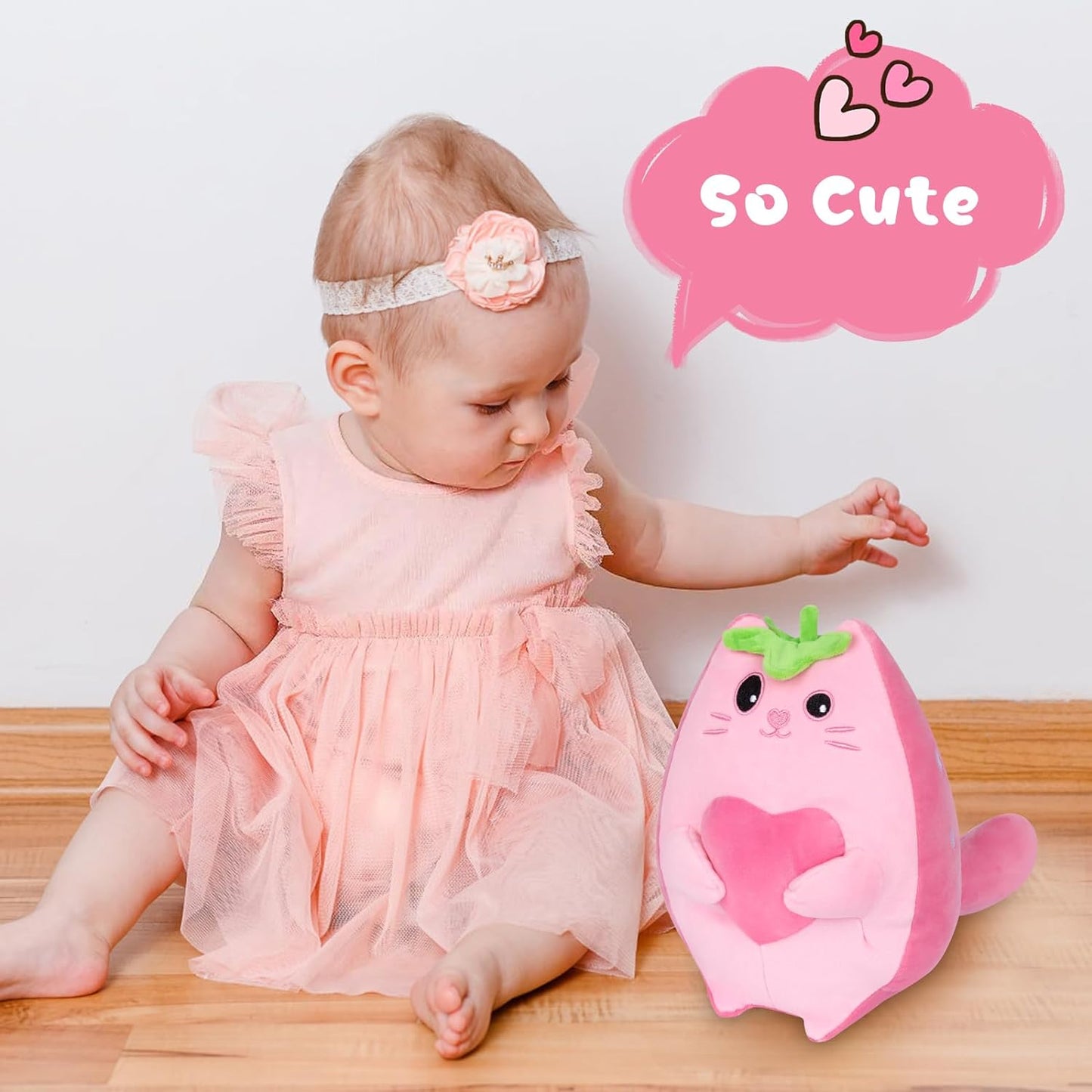 Almohada de peluche de fresa de gato de fresa, lindo juguete de peluche de gato de fresa Kawaii, muñeca de felpa de gato de fresa, suave y lindo regalo para niños y niñas