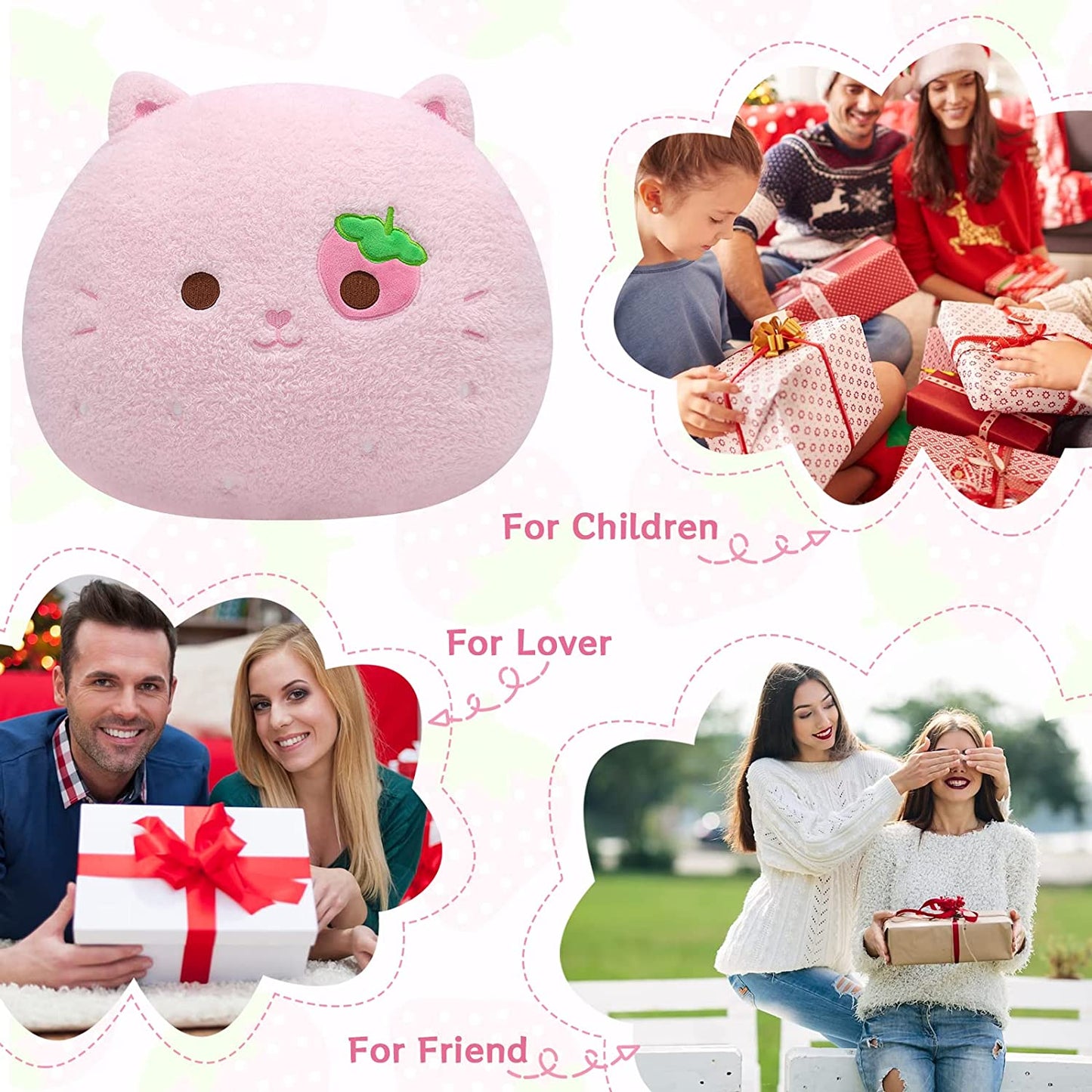Cat Plush Pillow, Soft Cat Hugging Pillow Plush, Strawberry Cat Stuffed Animal, Cute Pink Plush Cat Cuddle Cushion Pillow Kitten Kawaii Stuffy Plushie Gifts for Kids