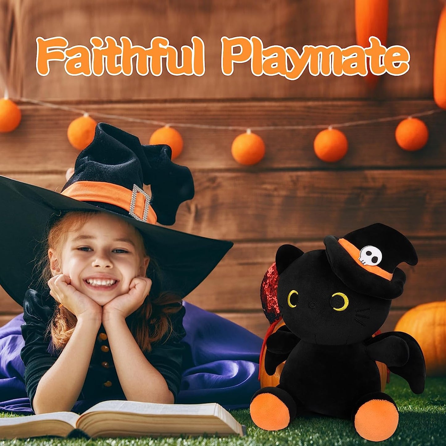 Peluche de gato negro de Halloween, gato negro con sombrero, lindo murciélago negro juguetes de muñeca de peluche, regalos de decoración de Halloween para niños