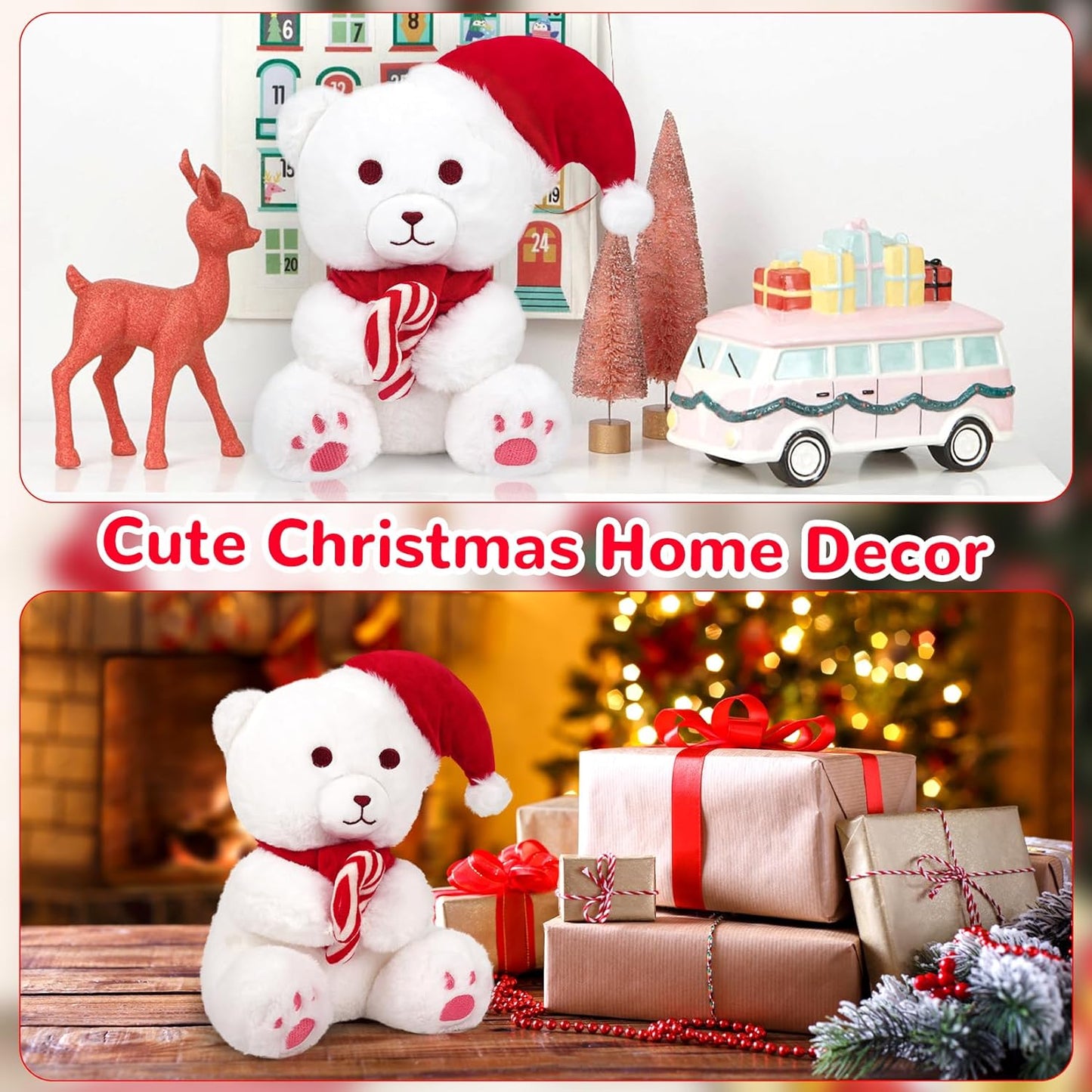 Christmas Plush Christmas Stuffed Animal Toy, Soft Christmas Plushie Pillow, Cute Stuffed Doll Toy for Kids Boys Girls Kawaii Christmas Decoration (White Bear)