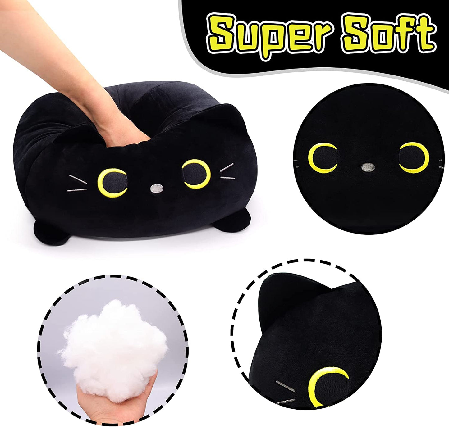 Black Cat Stuffed Animal Plush, 3D Black Cat Plush Black Cat Pillow, Cute Cat Plush Doll Black Cat Pillow Plush Toys Cat Shape Design Sofa Pillow Cushion Decoration Doll