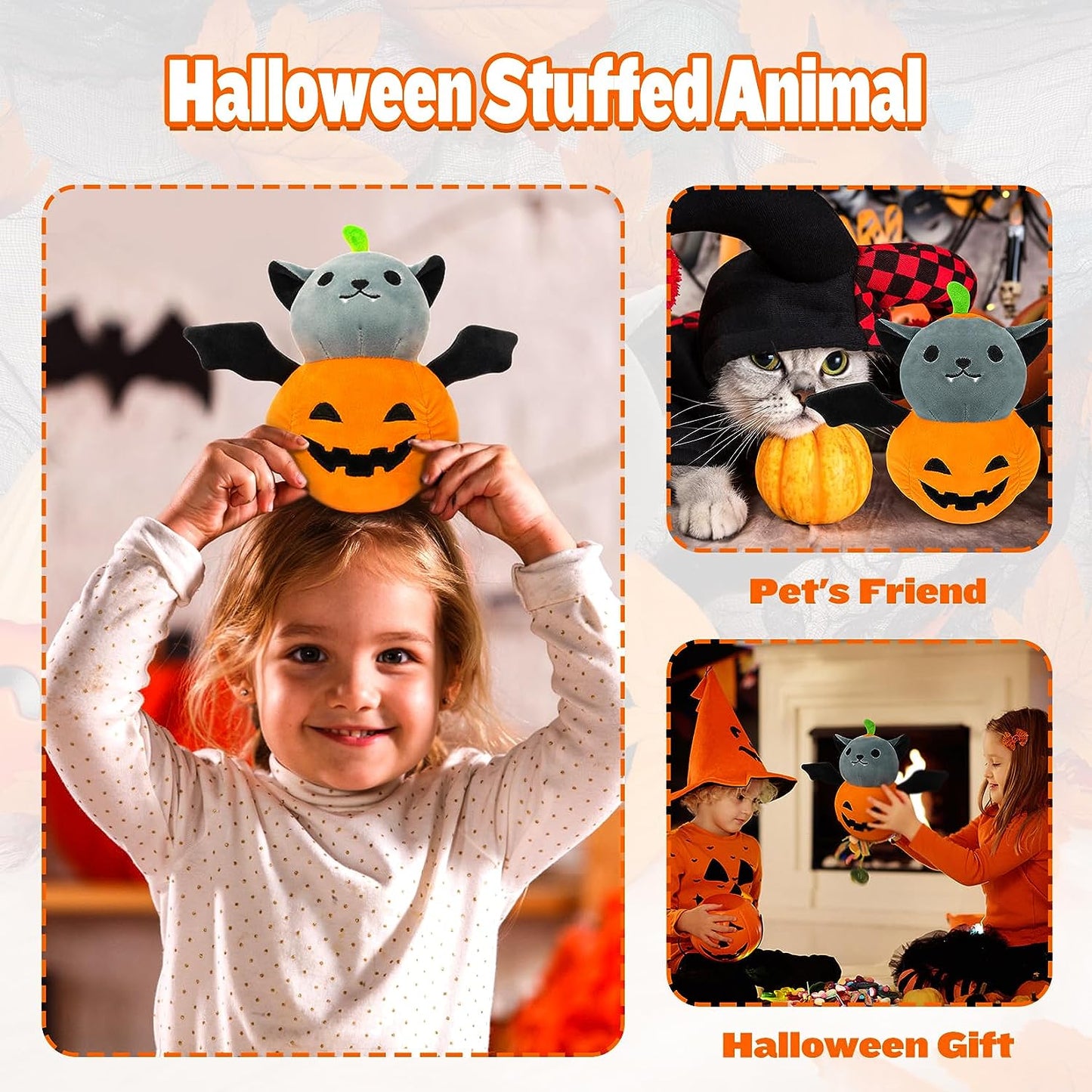 Halloween Bat Plush, 9in Halloween Plush Pumpkin Bat, Kawaii Halloween Bat Plushies, Cute Pumpkin Bat Doll Toys, Halloween Stuffed Animal Toys for Kids