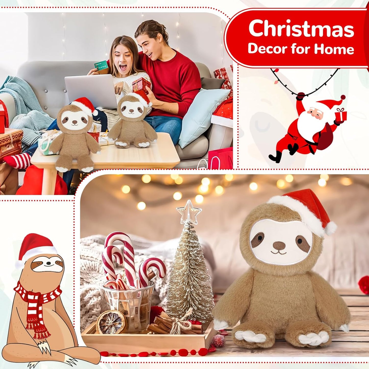 Sloth Stuffed Animal Christmas Plush, Christmas Stuffed Animal Santa Sloth Plush Toys, Cute Stuffed Sloth Pillow, Christmas Sloth Gift for Kids and Adults Christmas Decorations