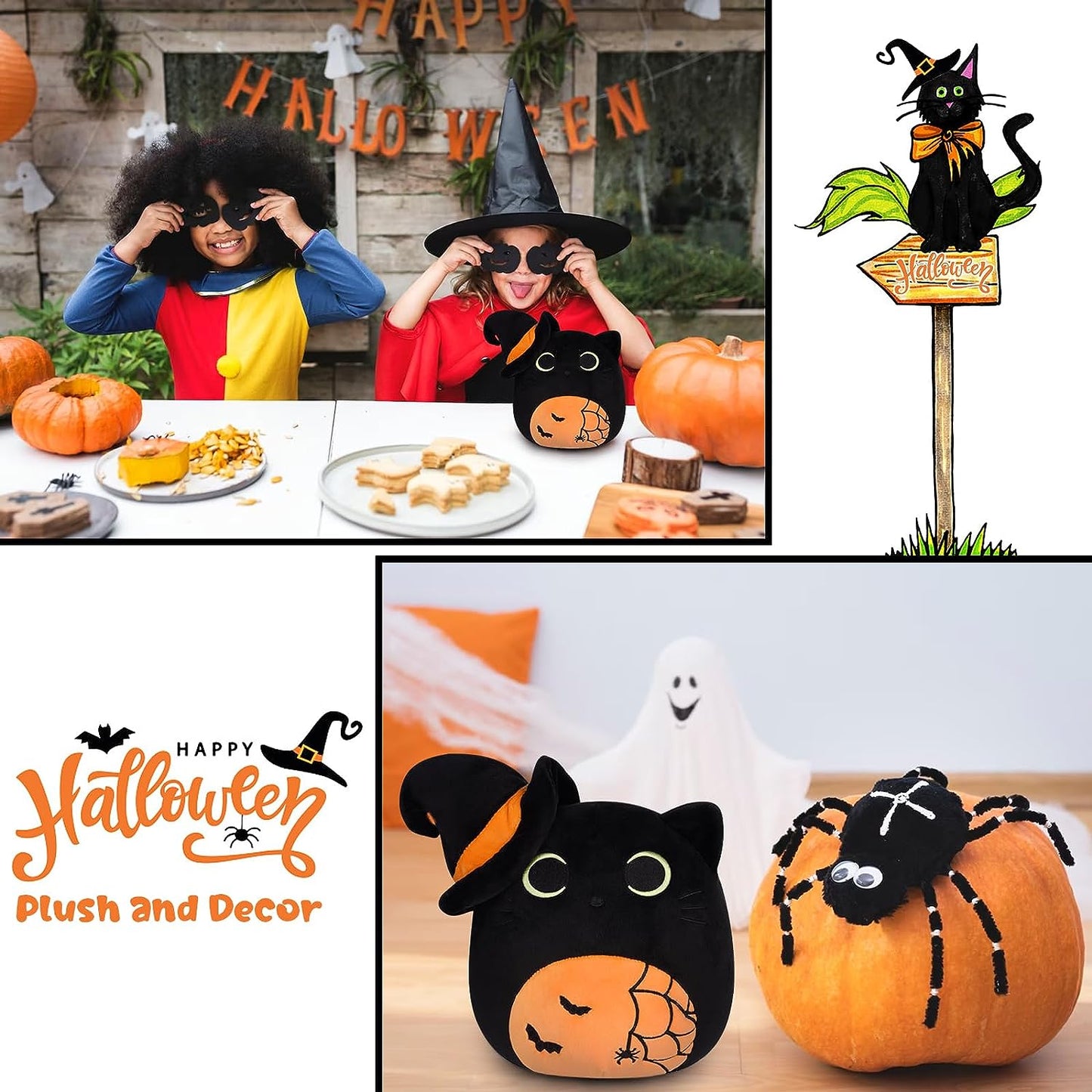 Almohada de felpa para gatos de Halloween, gato negro de Halloween, peluche de gato de peluche, juguetes de muñeca de Halloween para niños, regalo para cumpleaños de Halloween