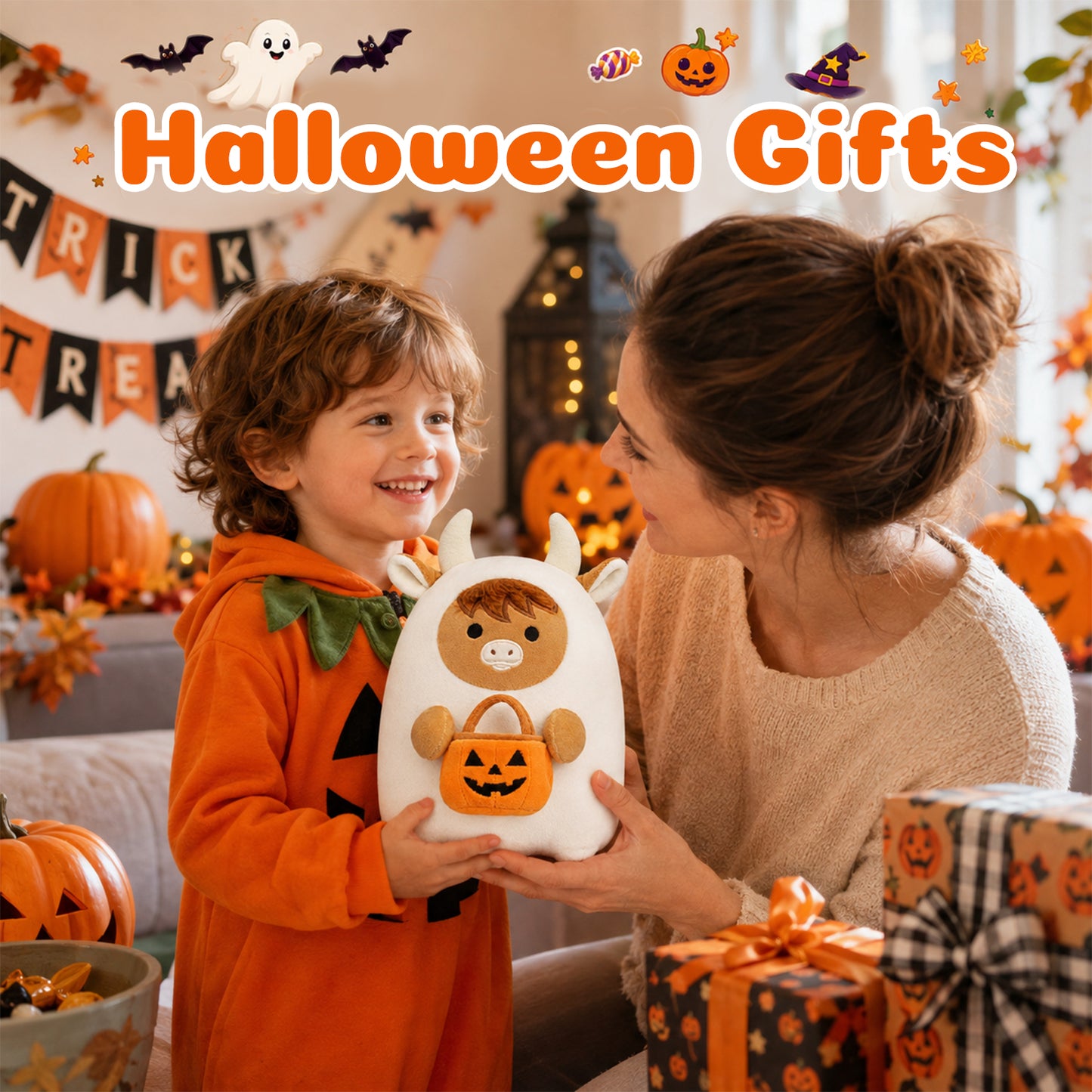 Halloween Stuffed Animal, 8 Inch Halloween Plush Ghost Highland Cow Plush Ghost Cow Plush Toy with a Pumpkin Basket, Soft Ghost Pillow Plush Cow for Kids, Halloween Gifts Boo Basket Stuffers