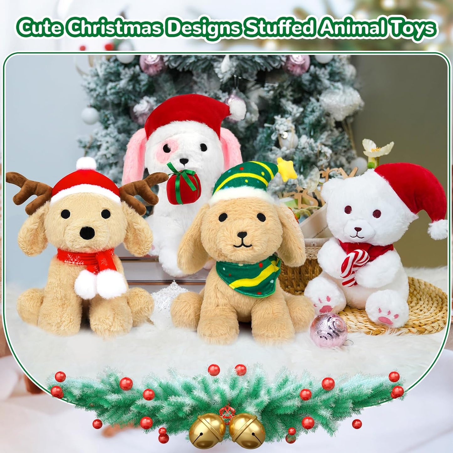 Dog Plush Christmas Dog Stuffed Animal Toy, Soft Dog Plushie Pillow, Cute Green Hat Dog Stuffed Doll Toy for Kids Boys Girls Kawaii Christmas Decoration (Green Hat)