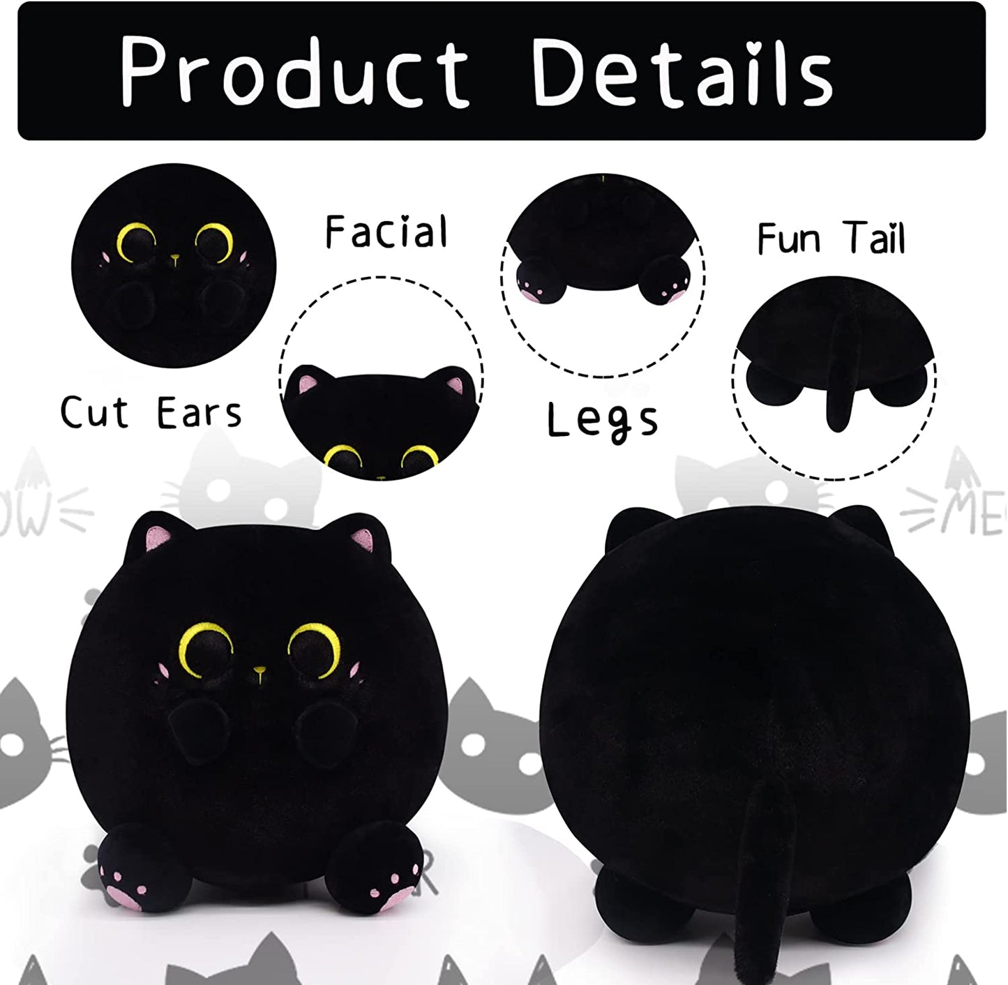 Black Cat Plush Pillows Toy, Kawaii Black Cat Stuffed Animals Cat Plushie, Cute Soft Plush Cat Stuffed Cat Toys for Kids Birthday Christmas
