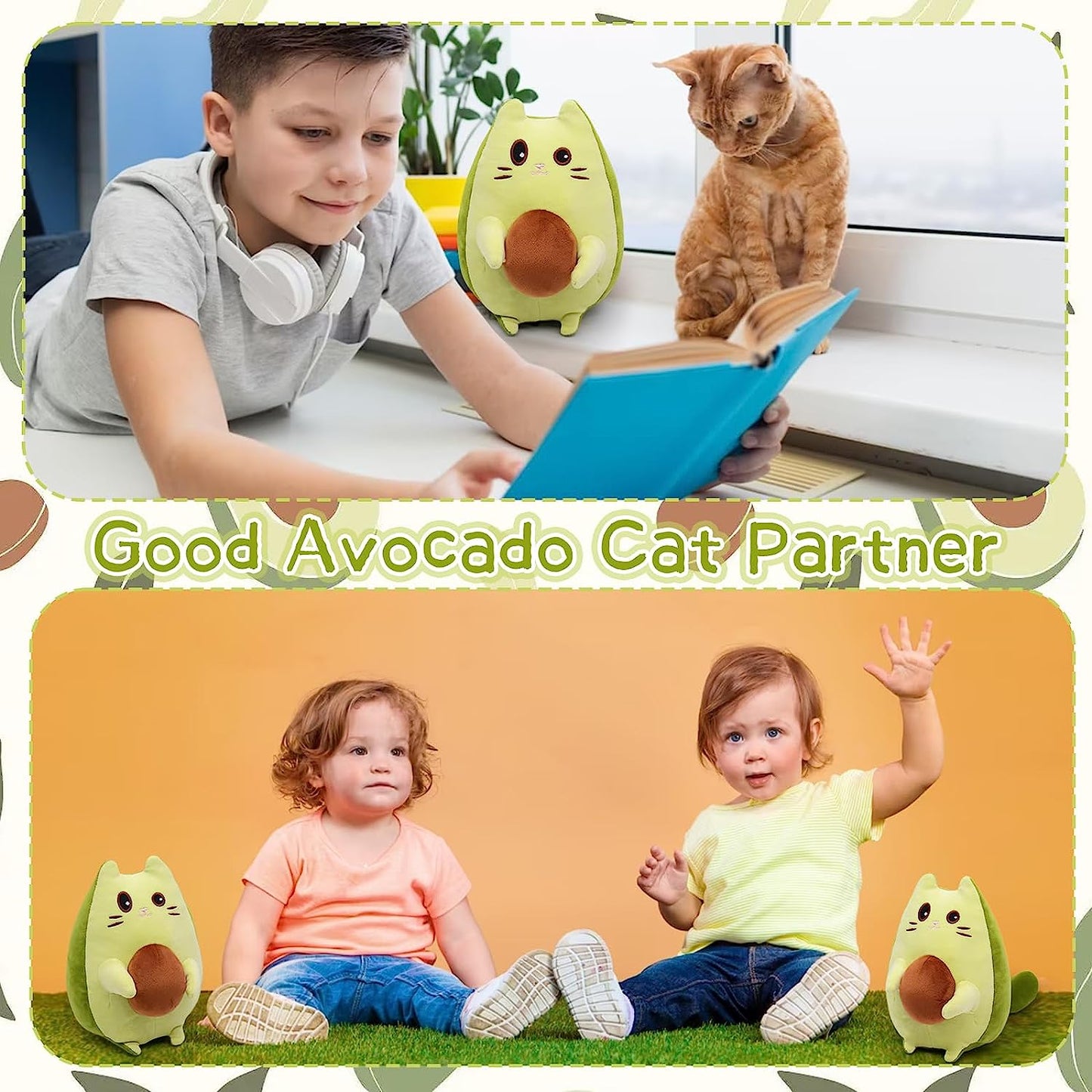 Almohada de aguacate de animales de peluche de aguacate, lindo juguete de peluche de aguacate y gato, muñeca de peluche de aguacate verde Kawaii, almohada de felpa de gato verde suave regalo para niños y niñas