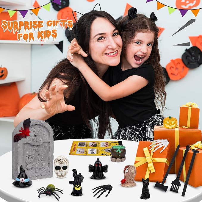 Halloween Tombstones Dig Kit, Digging 12 Spooky Halloween Toys, Pumpkins, Witch Hats, Ghosts, Spiders, STEM Science Kits for Kids Age 6-8-12, Halloween Toys for Kids Party Favors