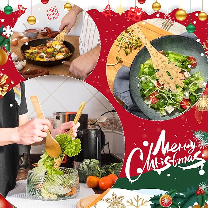 Christmas Gift for Women Mom Her, 9Pcs Wooden Spoons for Cooking & Serving, Christmas Bamboo Kitchen Cooking Utensils Set with Aprons Towels, Great Mother's Day Birthday Christians Gifts from Daughter