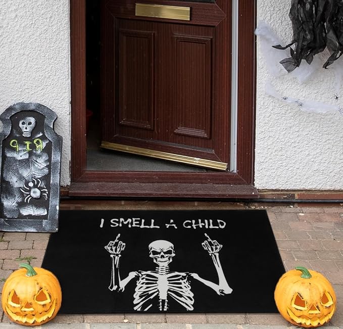 Door Mat Skull Rug, Gothic Decorative Front Door Mat, Black Rug Welcome Mat, Dark Style Rug for Kitchen, Bedroom, Living Room，Gothic Decor
