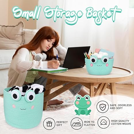 Small Storage Basket, Cute Baby Toy Storage Basket, Frog Cotton Rope Woven Baskets for Nursery, Blanket Basket Organize Laundry Baby Basket for Gift｜Cat Dog Bin Toys