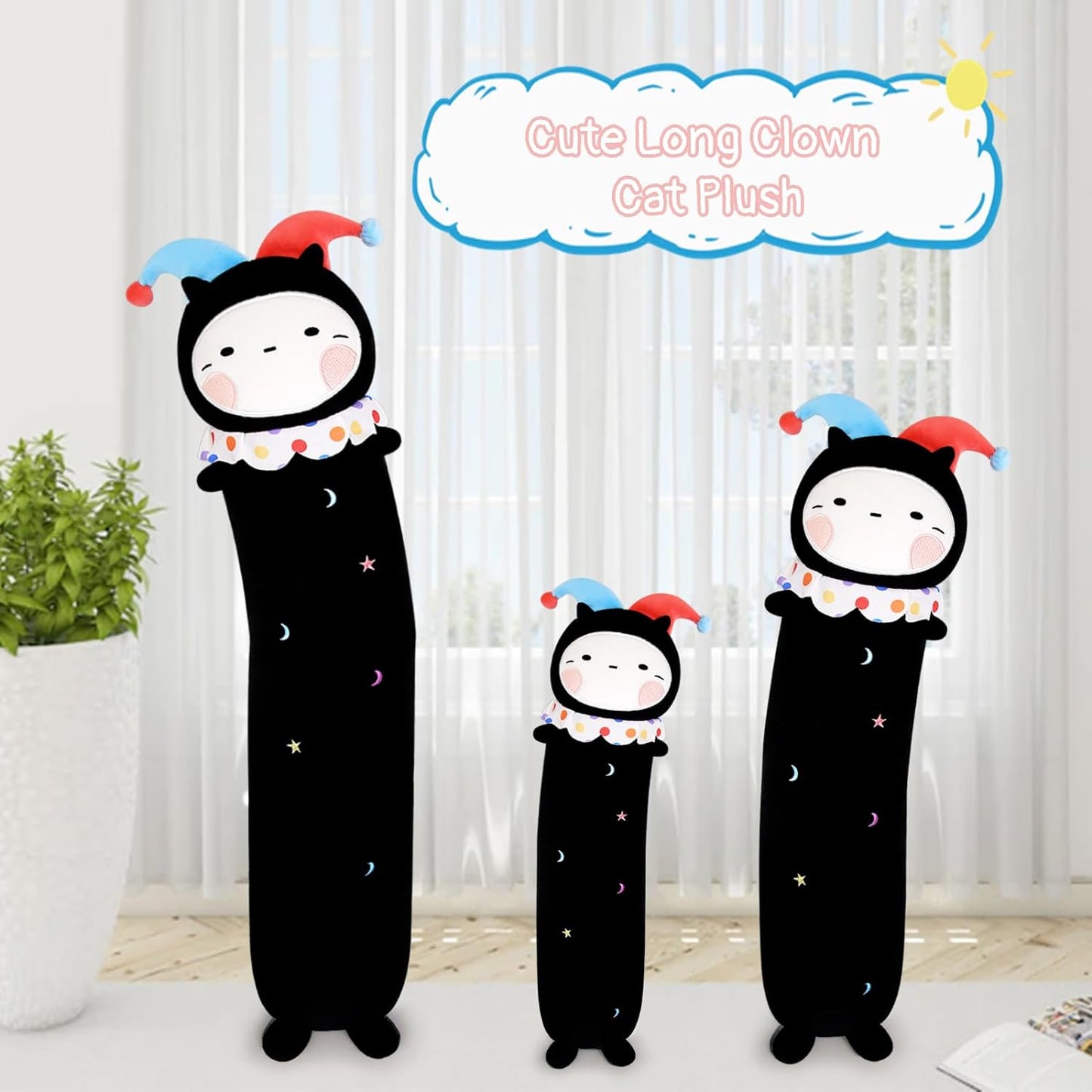Long Cat Plush Body Pillow, Cute Halloween Clown Plush Long Cat Throw Pillow, Kawaii Stuffed Animal Clown Cat Plush Toys for Kids, Boys, Girls (Black, 90cm/35in)