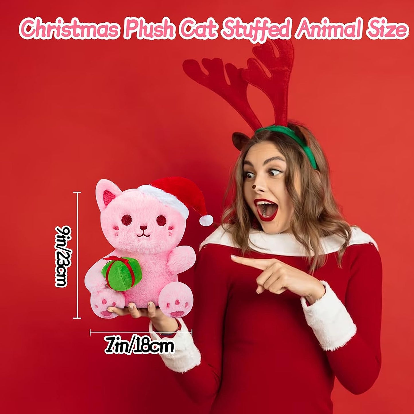 Juguete de peluche de gato rosa de peluche, suave almohada de peluche de gato de Navidad, lindo juguete de peluche para niños y niñas, decoración navideña kawaii