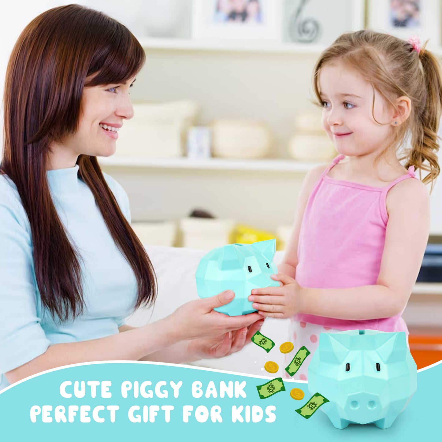 Piggy Bank for Kids, Unbreakable Plastic Piggy Bank Boys Cute Coin Bank Practical Gifts for Birthday Christmas Easter Home Decoration, Piggy Bank for Boys, Girls (Blue)