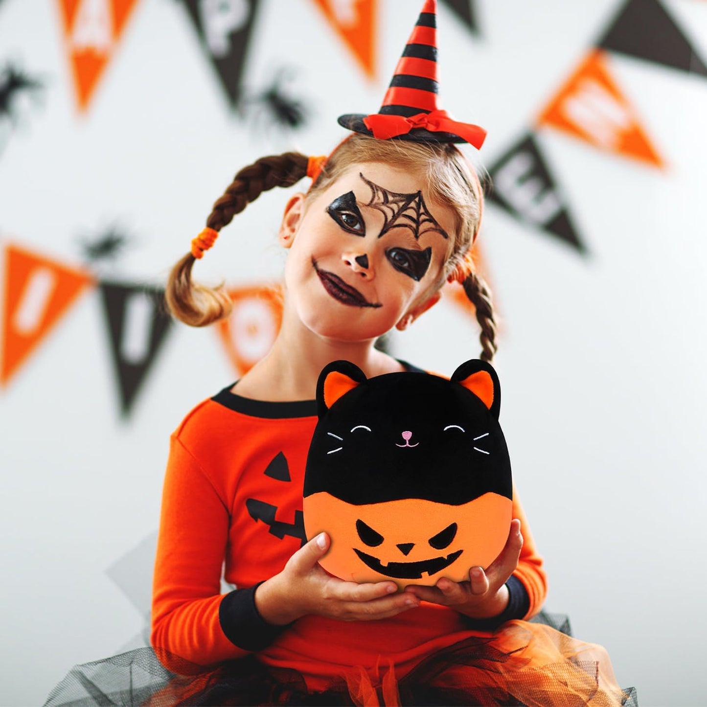 Halloween Plush Pillow Black Cat Plush Cat Stuffed Animals Toy for Kids, Black Pumpkin Cat Plushie for Boys Girls Halloween Decor