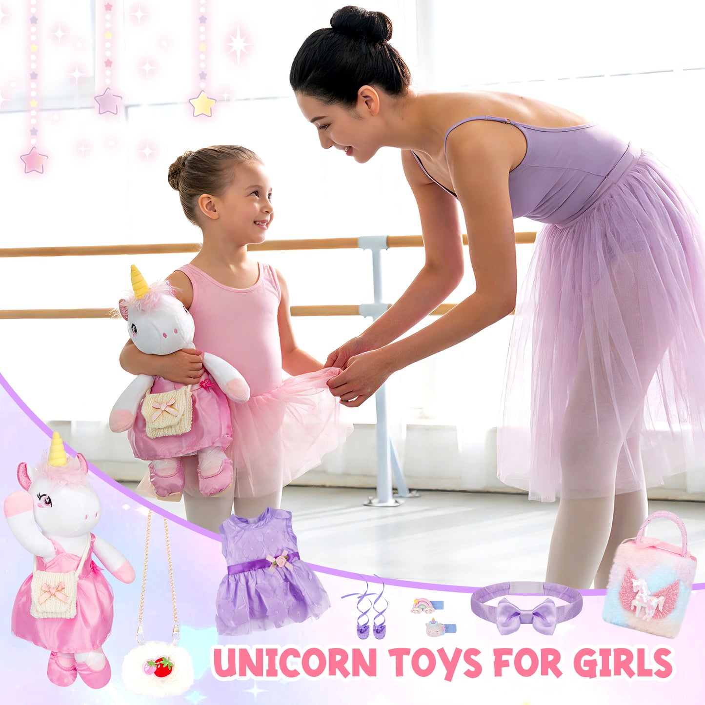 Unicorns Toys for Girls Age 4-10, 11PCS Ballerina Doll Unicorn Stuffed Animals Toy with 2 Set Ballerina Dresses, Shoes, Bags & Hair Clips, Birthday Gifts Set for Girls